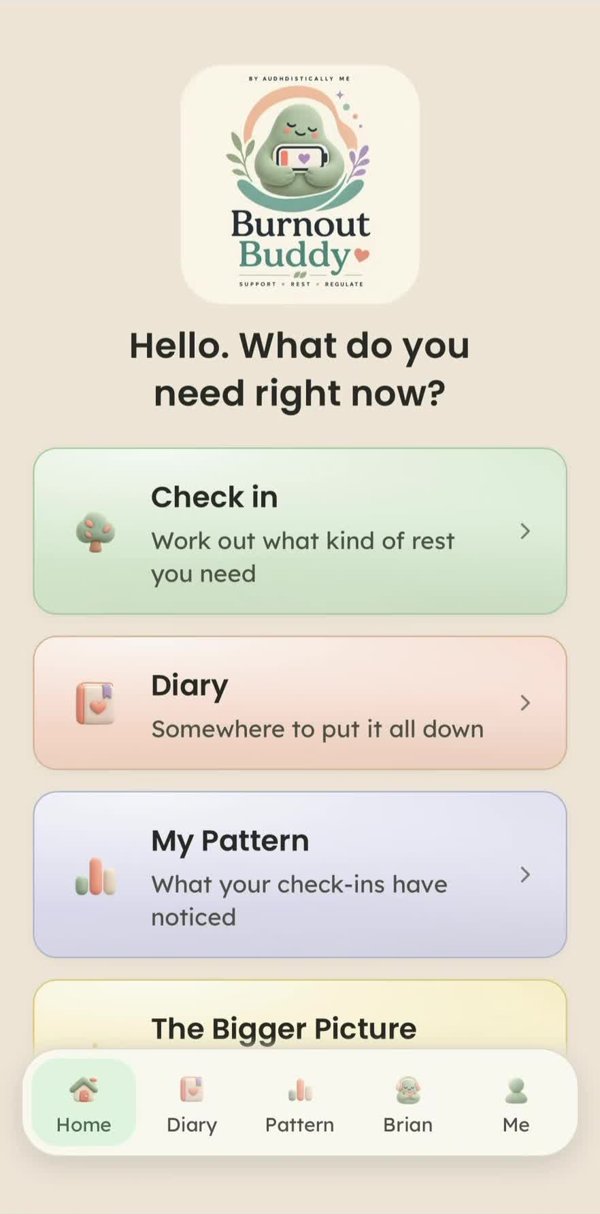 Burnout Buddy home screen asking: Hello. What do you need right now? with options for Check in, Diary, My Pattern and The Bigger Picture